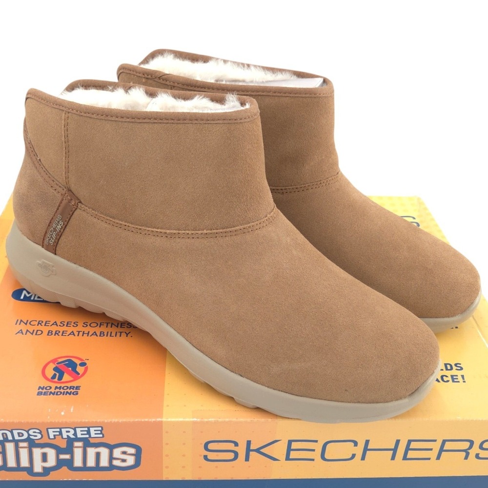 Skechers Hands Free Slip-ins On-the-Go Joy Boots Women 12 Tan Suede Faux Fur NEW